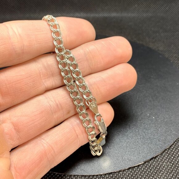 VTG Solid Sterling Silver 925 Traditional Double Link Charm Bracelet 4.5mm 7'' L - Picture 4 of 9
